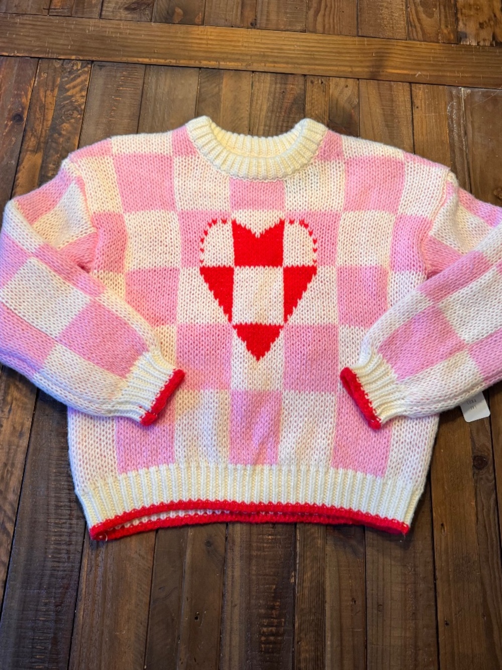 Luna Ivy Pink & Cream Checkerboard Heart Crewneck Sweater Size Small